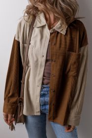 Brown Patchwork Chest Pockets Buttoned Corduroy Shacket (size: (US 4-6)S)