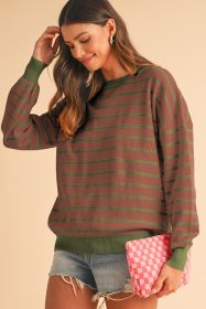 Brown Stripe Round Neck Drop Shoulder Loose Sweater (size: (US 16-18)XL)