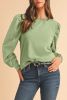 Mist Green Eyelet Embroidered Sleeve Patchwork Ribbed Sweatshirt