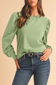 Mist Green Eyelet Embroidered Sleeve Patchwork Ribbed Sweatshirt (size: (US 4-6)S)
