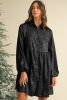 Black Metallic Sheen Puff Sleeve Button Up Mini Shirt Dress
