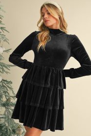 Black Velvet High Neck Tiered Ruffle Mini Dress (size: (US 16-18)XL)