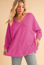 Rose Red Waffle Knit Side Slits Loose Fit V Neck Top (size: (US 4-6)S)