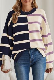 Blue Stripe Exposed Seam Patchwork Loose Sweatshirts (size: (US 4-6)S)