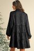 Black Metallic Sheen Puff Sleeve Button Up Mini Shirt Dress