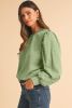 Mist Green Eyelet Embroidered Sleeve Patchwork Ribbed Sweatshirt