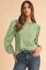 Mist Green Eyelet Embroidered Sleeve Patchwork Ribbed Sweatshirt