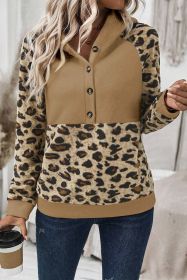 Light Beige Leopard Patchwork Raglan Sleeve Half Buttons Hoodie (size: (US 16-18)XL)