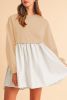 Khaki Sweatshirt Colorblock Flowy Pleated Mini Dress