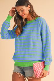 Sky Blue Stripe Round Neck Drop Shoulder Loose Sweater (size: (US 16-18)XL)