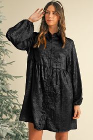Black Metallic Sheen Puff Sleeve Button Up Mini Shirt Dress (size: (US 16-18)XL)