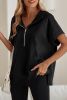 Black Half Zipper Kangaroo Pocket Short Sleeve Hoodie