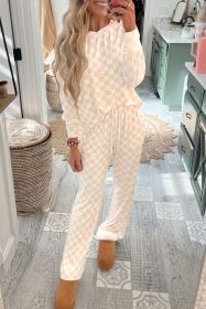 Beige Checkered Print Long Sleeve Loose Fit Pajama Set (size: (US 16-18)XL)