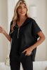 Black Half Zipper Kangaroo Pocket Short Sleeve Hoodie