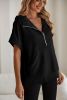 Black Half Zipper Kangaroo Pocket Short Sleeve Hoodie