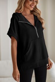Black Half Zipper Kangaroo Pocket Short Sleeve Hoodie (size: (US 16-18)XL)