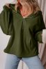 Moss Green Half Zipper Kangaroo Pockets Drop Shoulder Hoodie