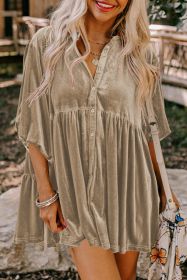 Khaki Lantern Sleeve Tunic Babydoll Velvet Shirt (size: (US 4-6)S)
