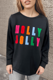 Black Chenille Holly Jolly Graphic Christmas Long Sleeve Top (size: (US 4-6)S)