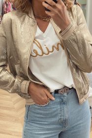 Pale Khaki Metallic Zip Up Baseball Pocket Jacket (size: (US 16-18)XL)