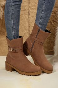 Chestnut Suede Buckle Decor Heeled Ankle Boots (size: (US 8)39)
