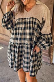 Black Plaid Waffle Patchwork Collared V Neck Plus Size Dress (size: (US 26W-28W)4X)