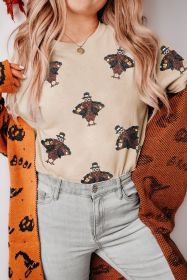 Khaki Owl Sequin Print Round Neck Graphic Tee (size: (US 8-10)M)