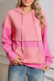 Pink Textured Patchwork Kangaroo Pocket Drop Shoulder Hoodie (size: (US 16-18)XL)
