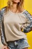 Beige Waffle Knit Leopard Print Pullover Long Sleeve Top