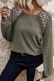 Moss Green Leopard Print Patchwork Crochet Rib Textured Top (size: (US 16-18)XL)