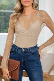 Apricot Mesh Crochet Patchwork Slim Fit Long Sleeve Blouse (size: (US 4-6)S)