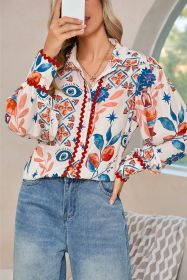 Multicolour Ethnic Floral Print Ricrac Button Down Shirt (size: (US 16-18)XL)