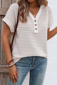 Khaki Striped Button Front V Neck Knitted Top (size: (US 16-18)XL)