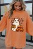 Orange Halloween Ghost Pumpkin Bat Print Corded Graphic Sweatshirt
