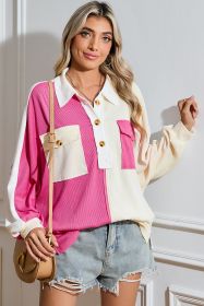 Rose Red Colorblock Patchwork Ribbed Oversized Henley Sweatshirt (size: (US 16-18)XL)