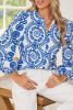 Sky Blue V Neck Puff Sleeve Boho Blouse