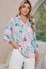Green Tropical Floral Frill V-Neck Puff Sleeve Blouse