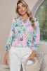 Green Tropical Floral Frill V-Neck Puff Sleeve Blouse