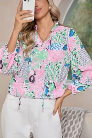 Green Tropical Floral Frill V-Neck Puff Sleeve Blouse (size: (US 4-6)S)