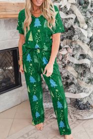 Green Christmas Tree Print V Neck Tee and Pants Pajama Set (size: (US 4-6)S)