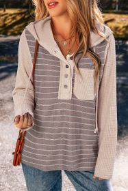 Gray Textured Knit Waffle Patchwork Striped Henley Hoodie (size: (US 16-18)XL)
