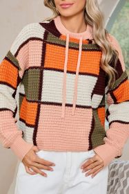 Orange Color Block Waffle Knit Drawstring Mock Neck Sweater (size: (US 16-18)XL)