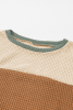 Green Waffle Knit Color Block Drop Sleeve Loose Top