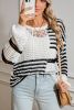 White Striped Lantern Sleeve Hollow Knitted Sweater