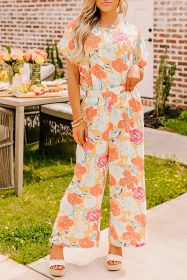 Orange Vibrant Floral Print Blouse and Wide Leg Pants Set (size: (US 16-18)XL)