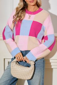 Rose Red Color Block Drop Shoulder Loose Fit Sweater (size: (US 16-18)XL)