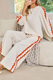 White Ric Rac Trim Long Sleeve Top and Wide Leg Pants Set (size: (US 4-6)S)