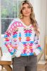 White Oversized Geometric Print High Low V Neck Sweater