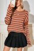Brown Stripe Casual Round Neck Drop Shoulder Sweater