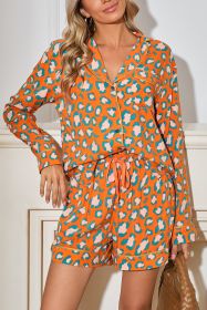 Orange Leopard Print Long Sleeve Shirt and Shorts Pajama Set (size: (US 16-18)XL)